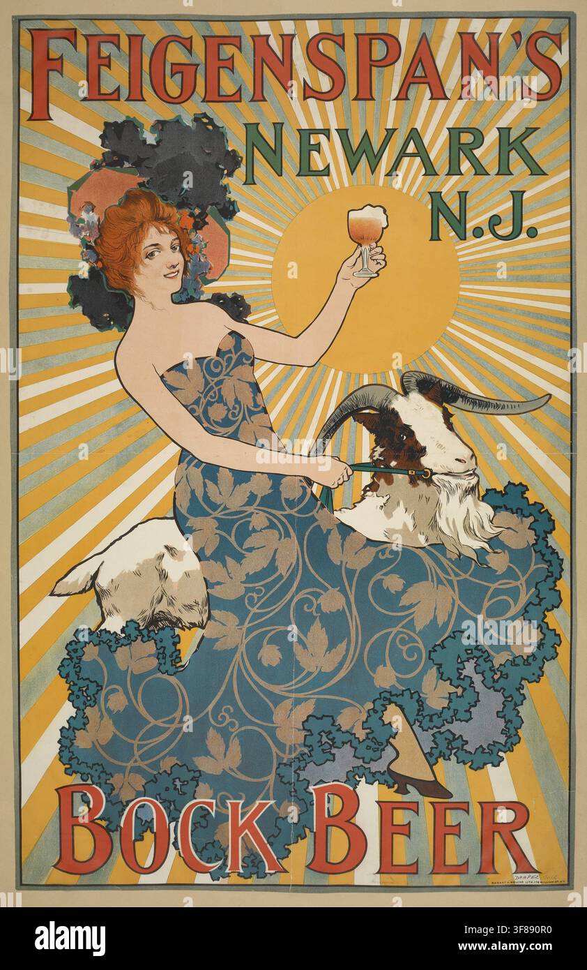 Werbeplakat, Getränkewerbung, Werbeplakat für Feigenspan s Bock Beer aus Newark, New Jersey, das um 1890 entstand. Das Bild im Jugendstil zeigt eine F Stock Photo