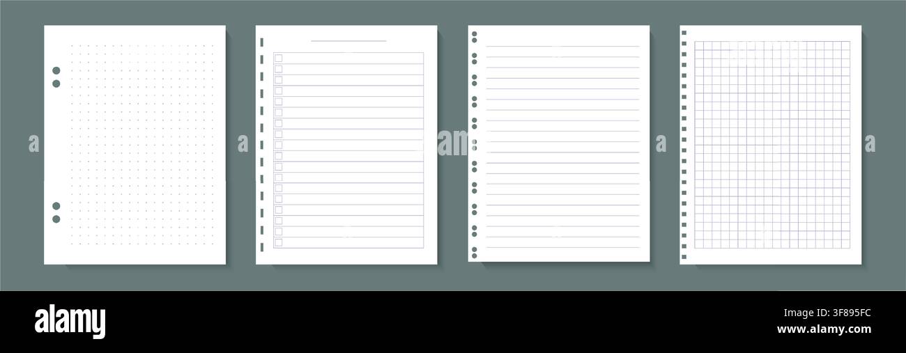 White texture paper background set with blue grid line and dot pattern. Realistic notebook note to do page design for school education craft scrapbook Stock Vector