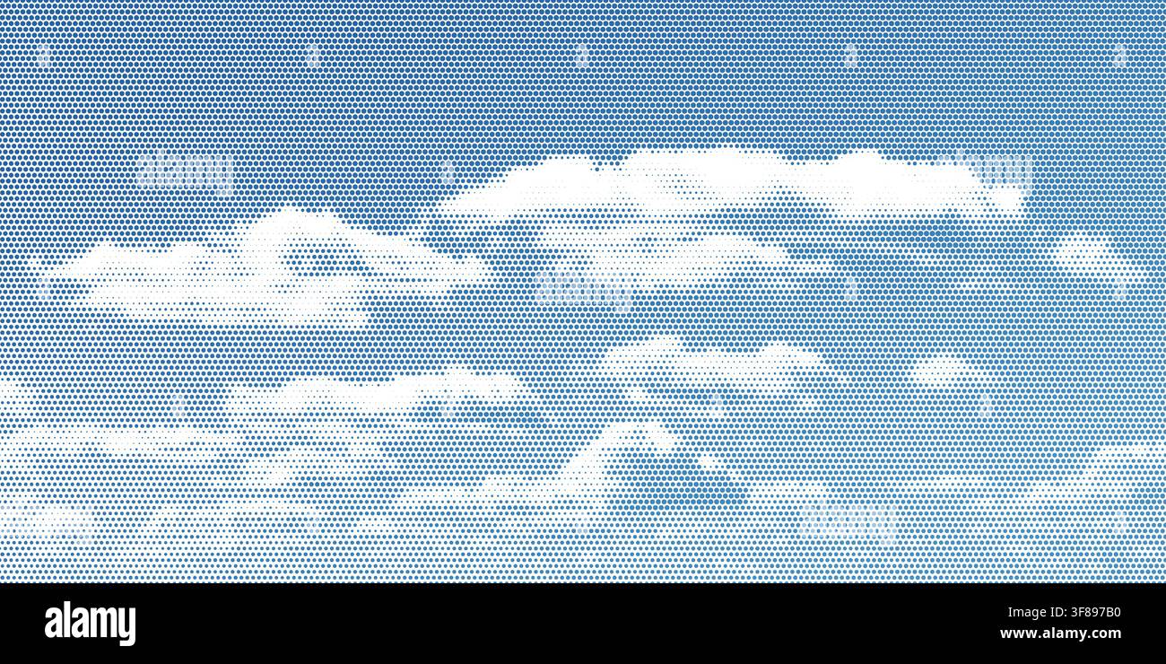 Halftone cloud sky on blue backdrop with pixelated texture vector illustration background. Stock Vector