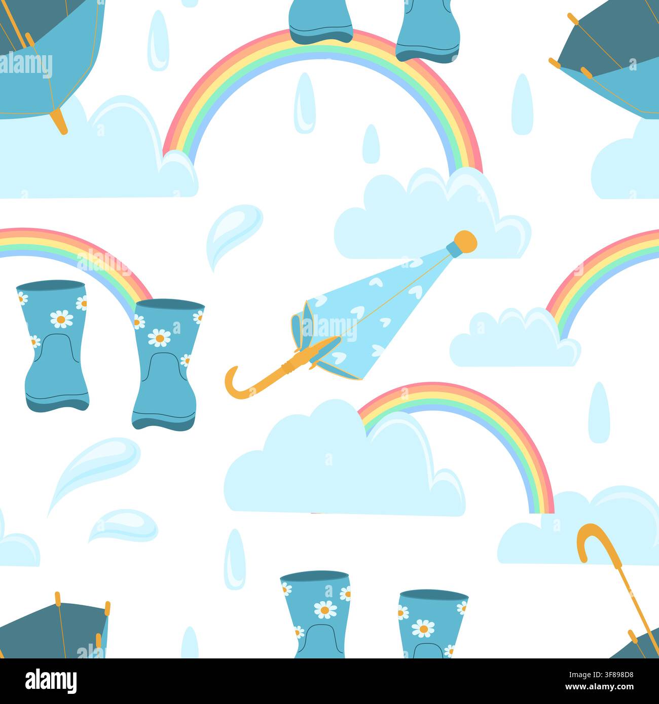 Umbrellas, rain boots, rain clouds, raindrops and rainbow seamless pattern for autumn fabric. Stock Vector