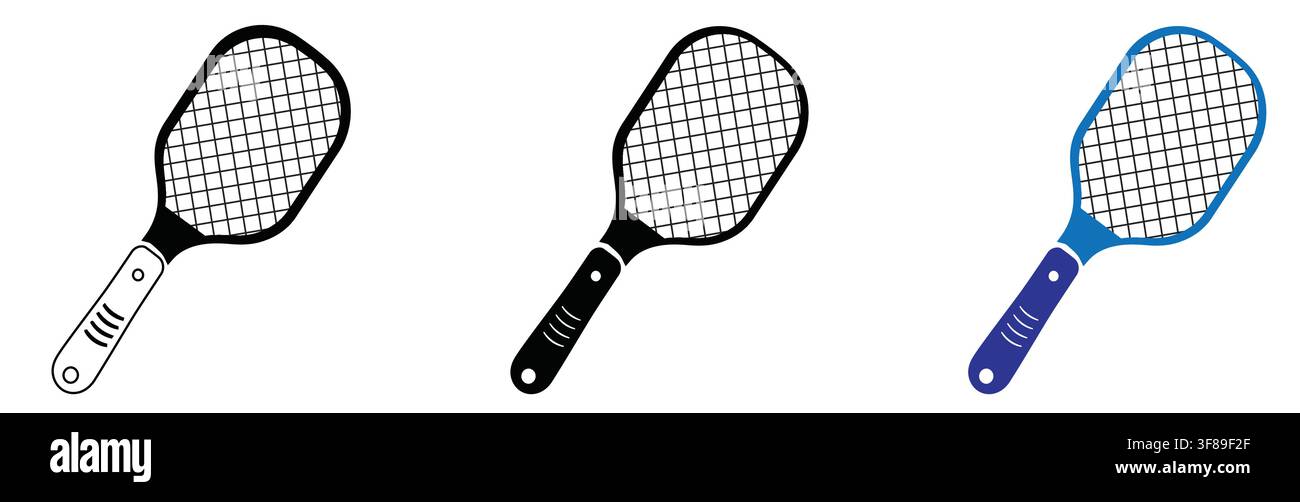 Set of three electric bug zapper racket icons in different styles, including black and white, solid black and blue rackets with black strings, isolate Stock Vector
