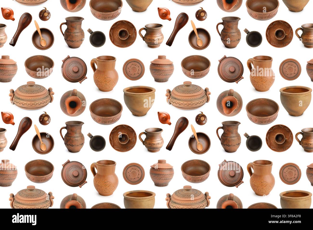 Various clay dishes from different angles isolated on white background. Seamless pattern. Stock Photo