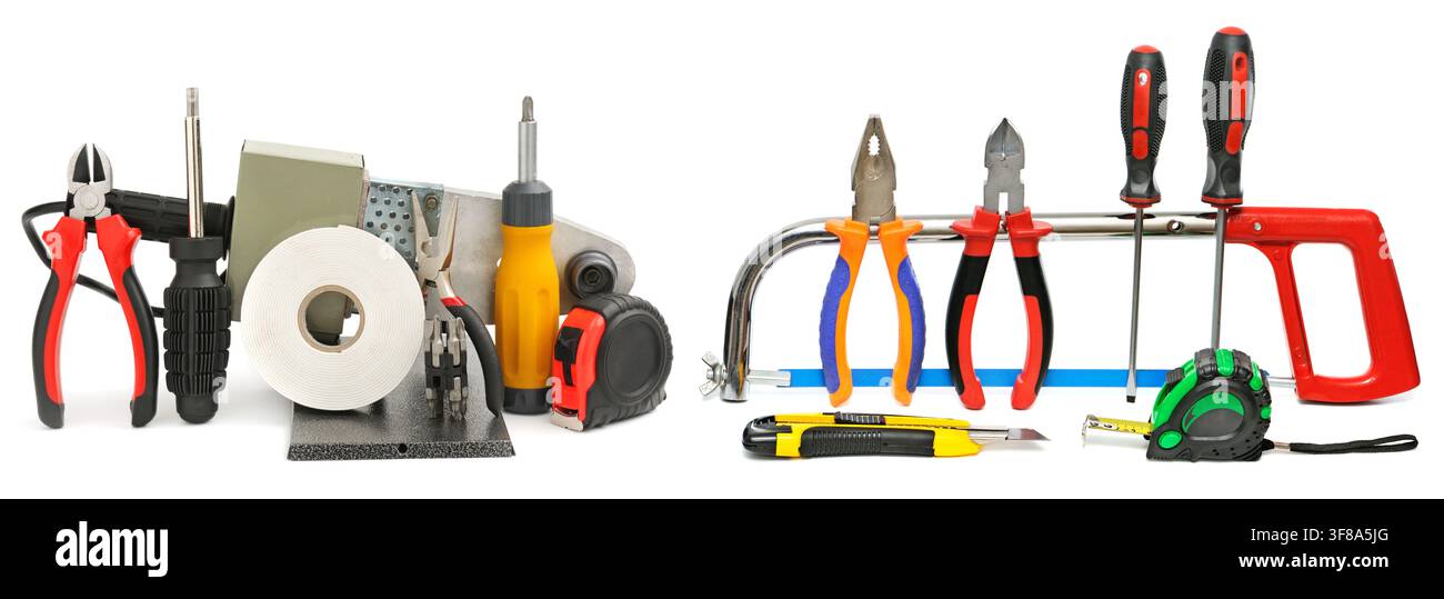 Set different tools for home repair isolated on white background. Stock Photo
