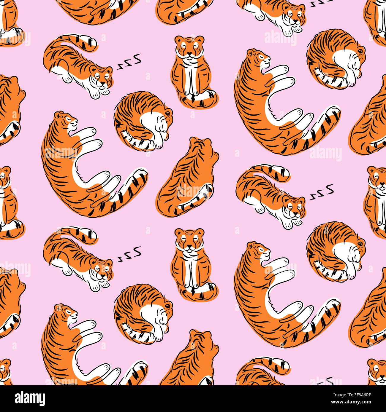 Sleeping tigers seamless pattern vector illustration isolated Stock Vector