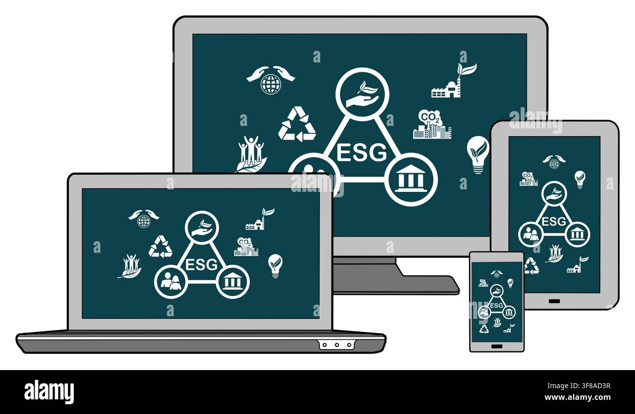 Esg concept shown on different information technology devices Stock Photo