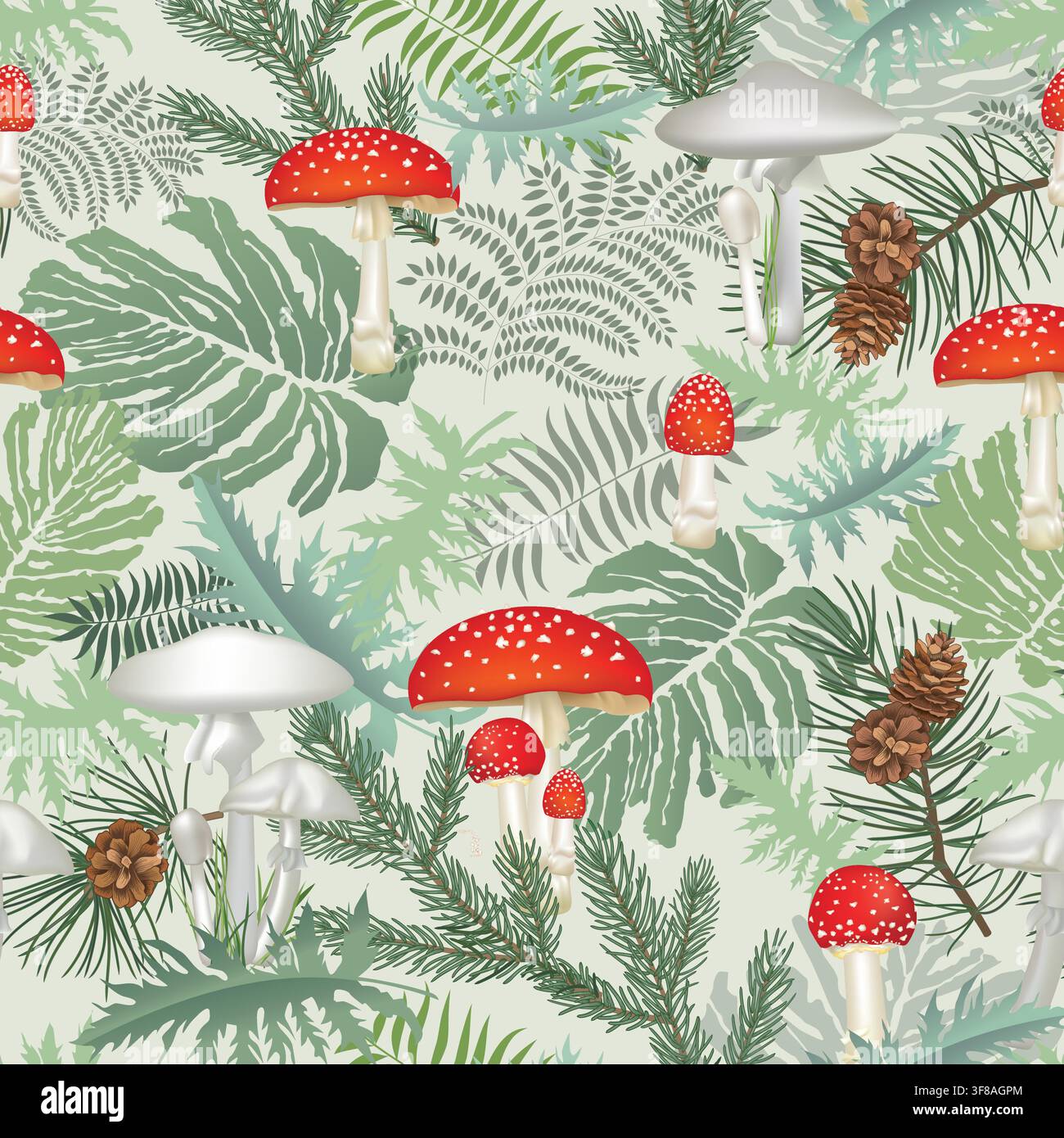 Pattern with fern leaves and mushrooms. Seamless vector texture for seasonal textiles, wallpaper, wrapping paper, greeting cards, and home decor. Stock Vector