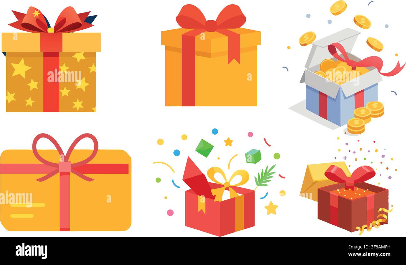 White and Red Gift Box Icons with GIFT Text and Coins, Vector Illustration Set Stock Vector