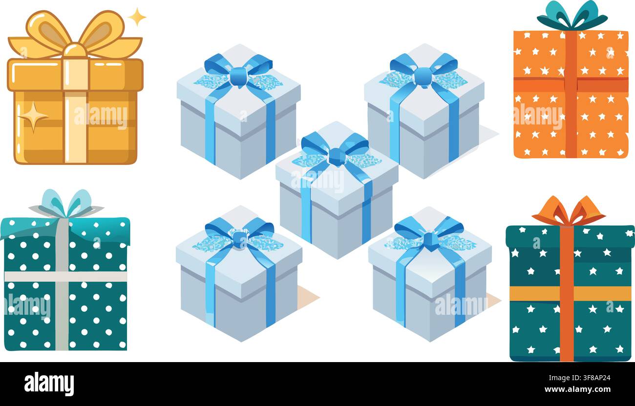 Flat Line Gift Box Icons with Mystery Box and Confetti Vector Set Stock Vector