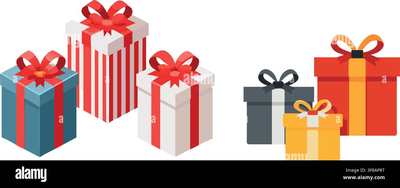 Colorful Open Gift Boxes with Confetti and Sparkles, Surprise Vector Icon Set Stock Vector