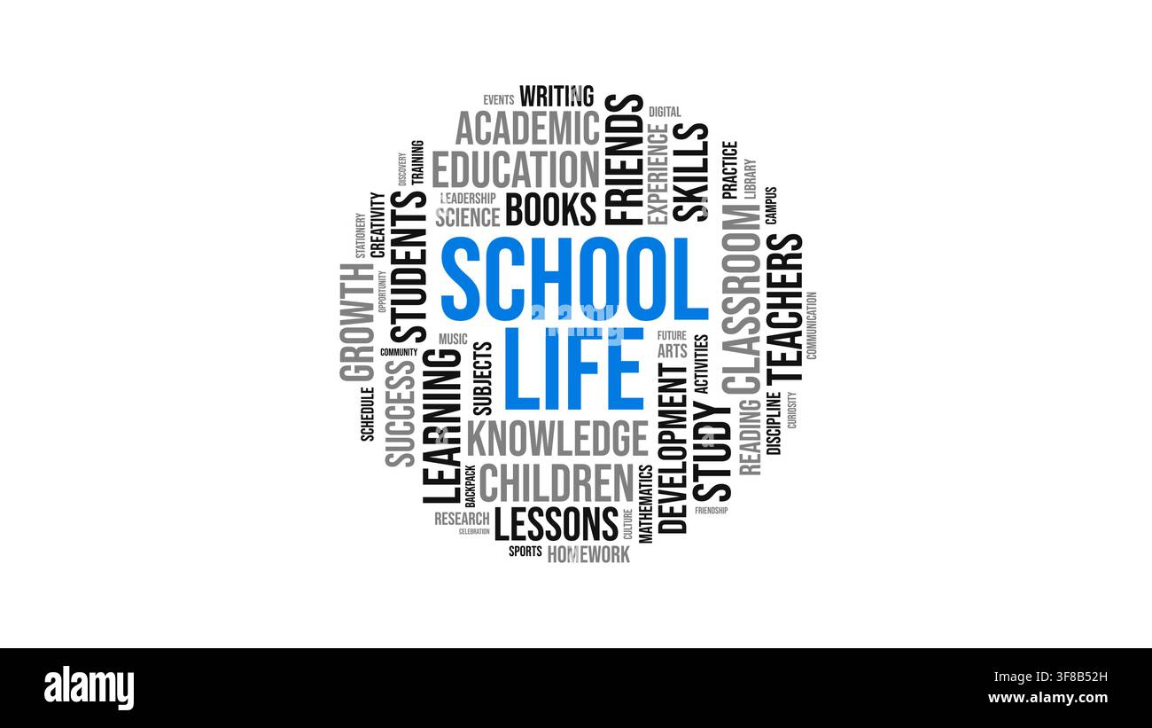 School Life Word Cloud Graphic Concept with Education Keywords in Circular Shape Stock Vector