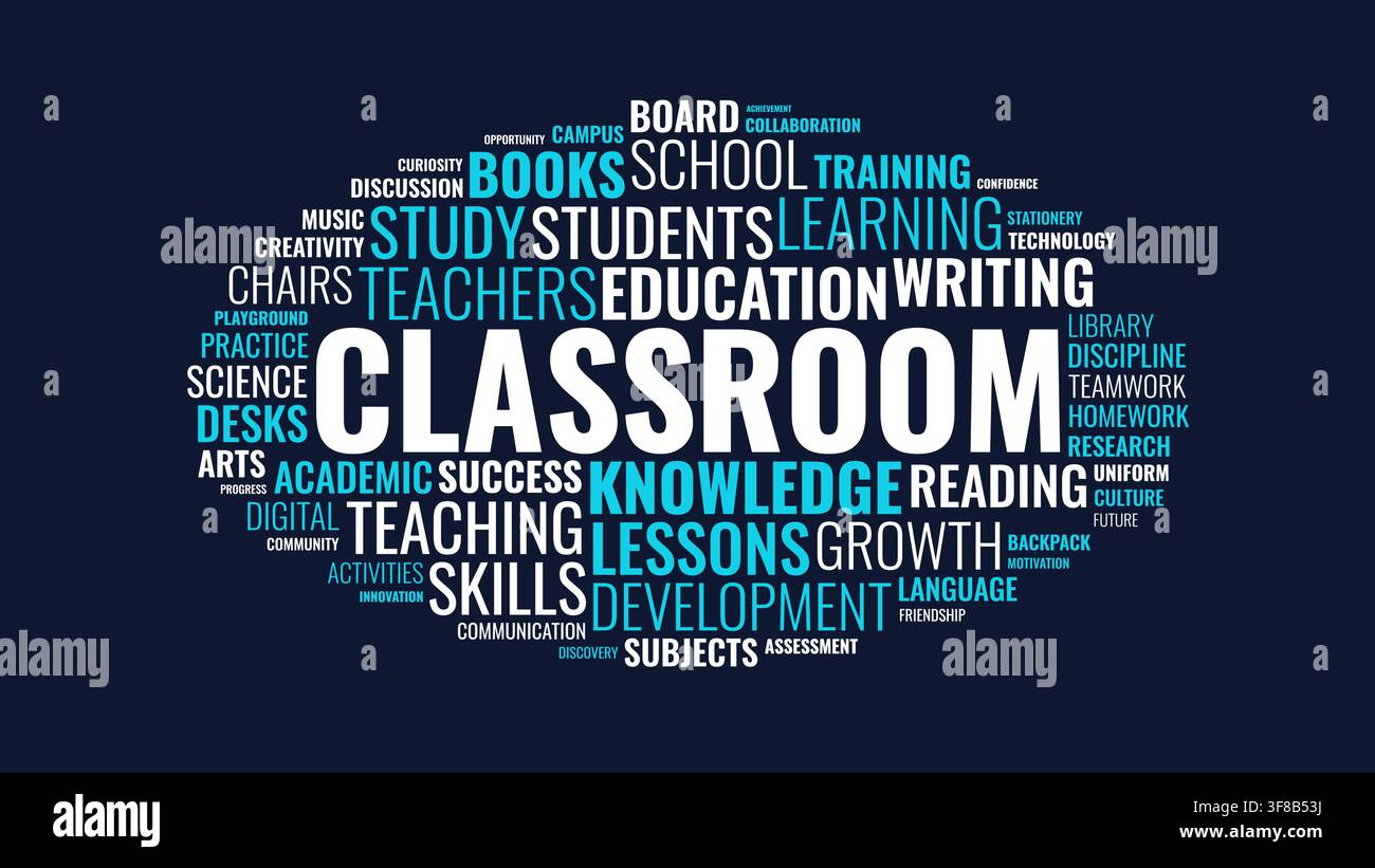 Classroom Education Word Cloud Graphic with Learning and Study Keywords on Dark Background Stock Vector