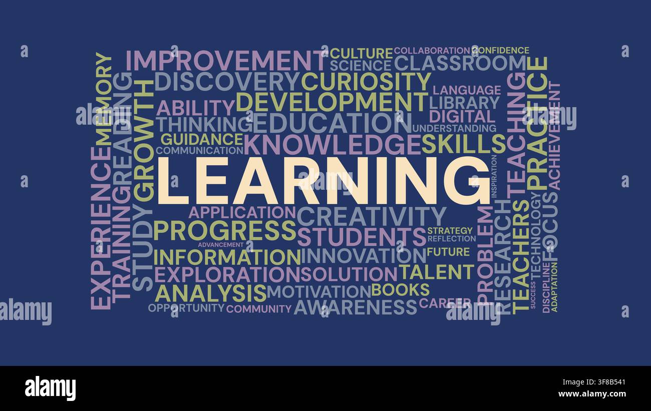 Learning and Education Word Cloud Typography Illustration with Knowledge and Study Keywords on Blue Background Stock Vector