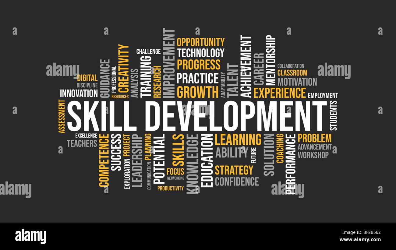 Skill Development Word Cloud Concept on Dark Background Stock Vector