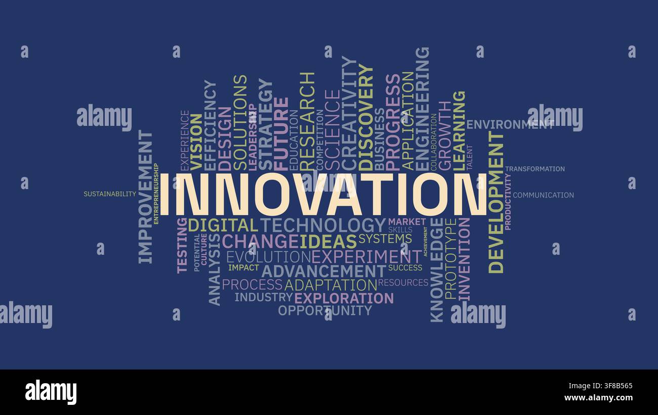 Business and technology innovation word cloud concept with related terms on dark blue background Stock Vector