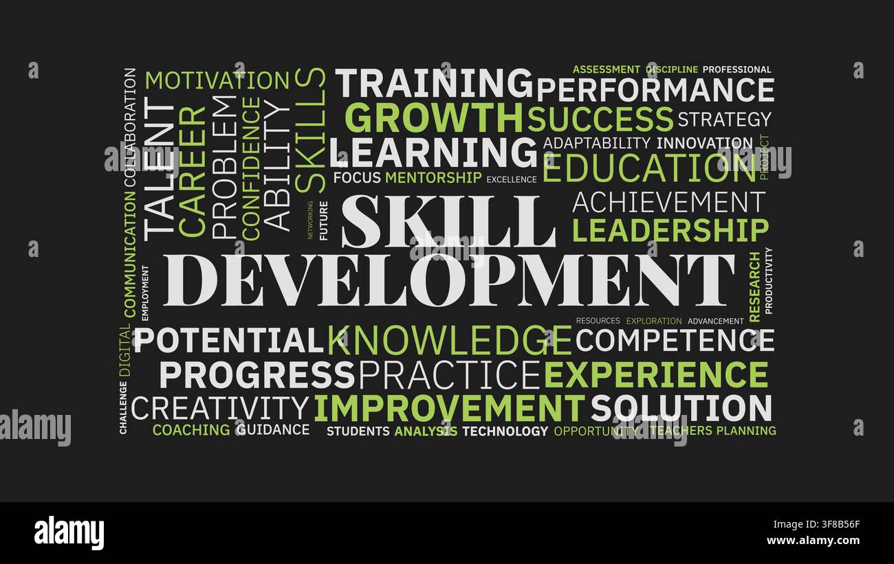 Skill Development and Continuous Learning Word Cloud Concept on Dark Background Stock Vector