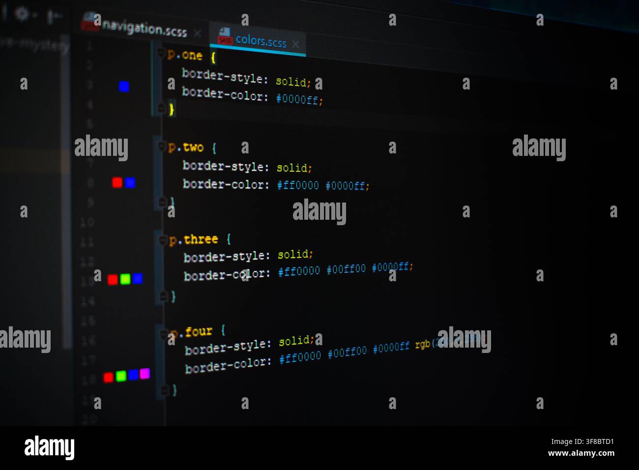 Close-up of a computer screen displaying lines of CSS code Stock Photo