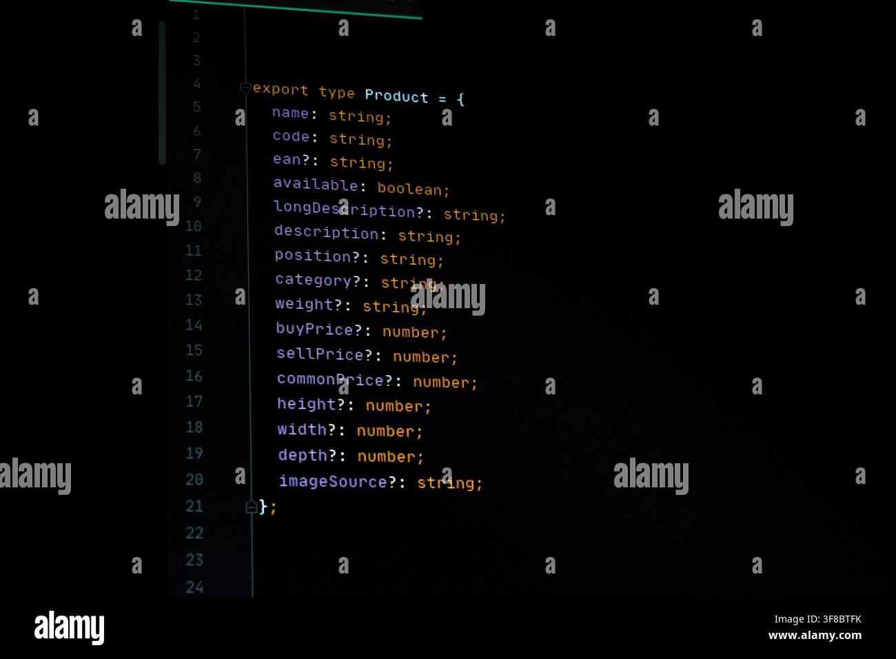 Close-up of a computer monitor displaying TypeScript source code Stock Photo