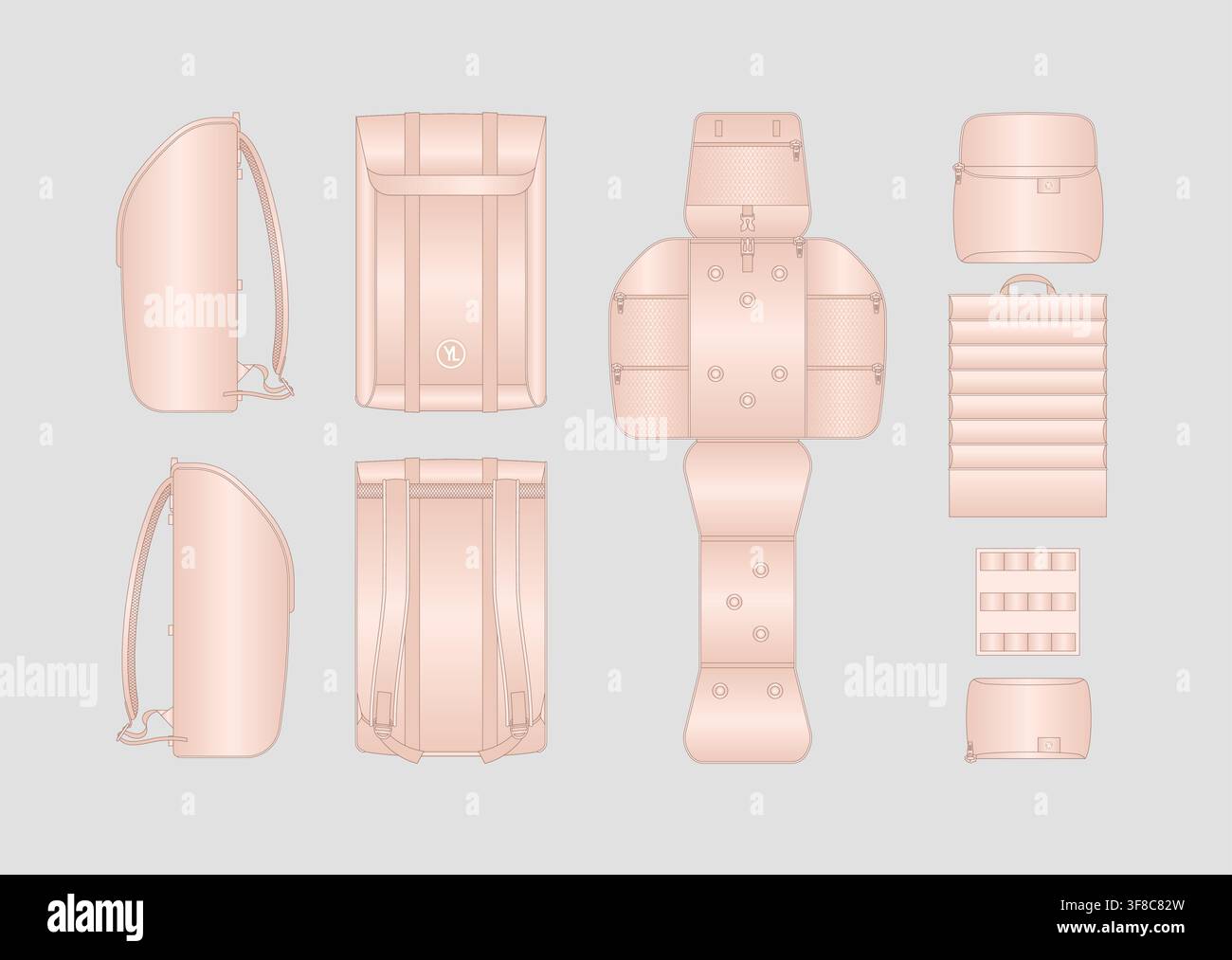 Premium Multi-Compartment Travel Backpack Design with Detailed Technical Views Stock Vector
