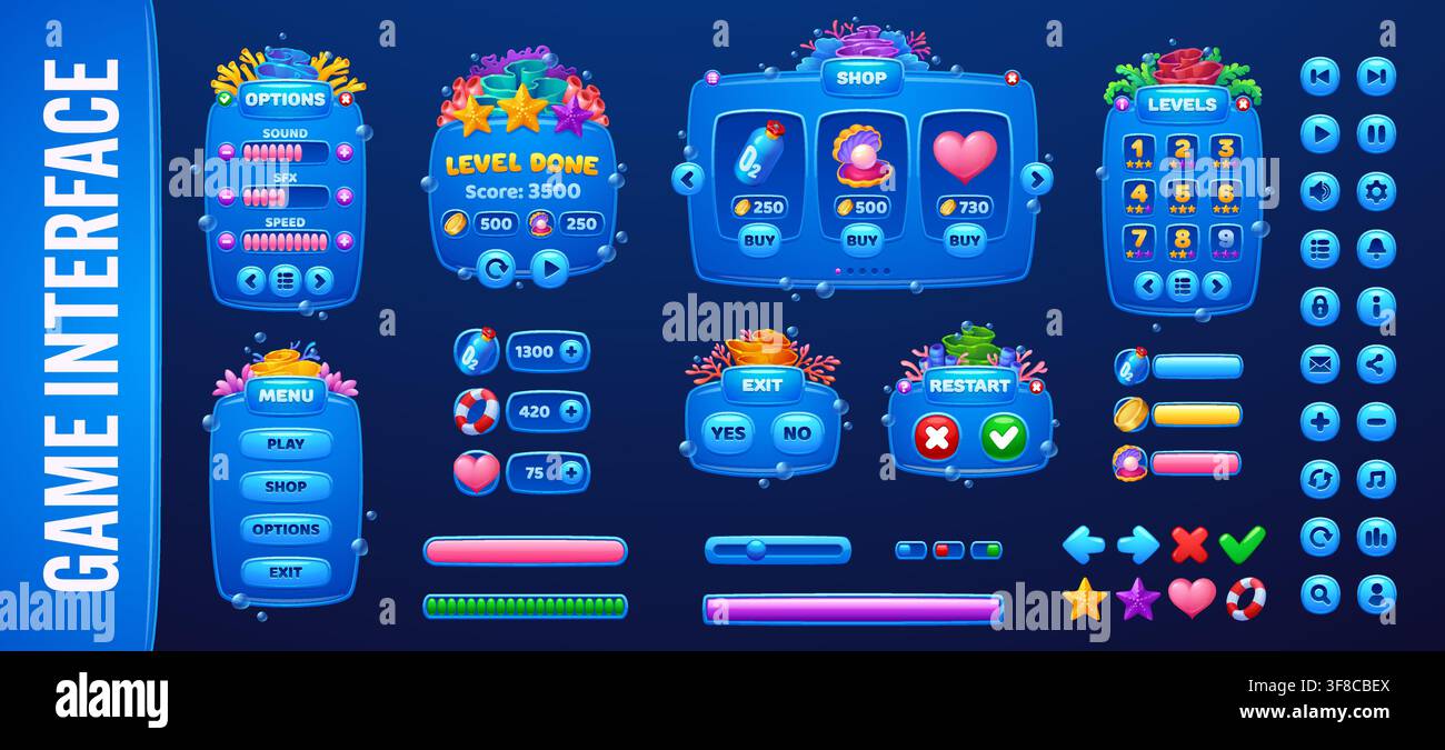 Underwater video game UI interface inventory menu buttons and shop screen. Ocean indicators and rewards with loading scale and level windows for sea underwater game interface navigation and settings Stock Vector
