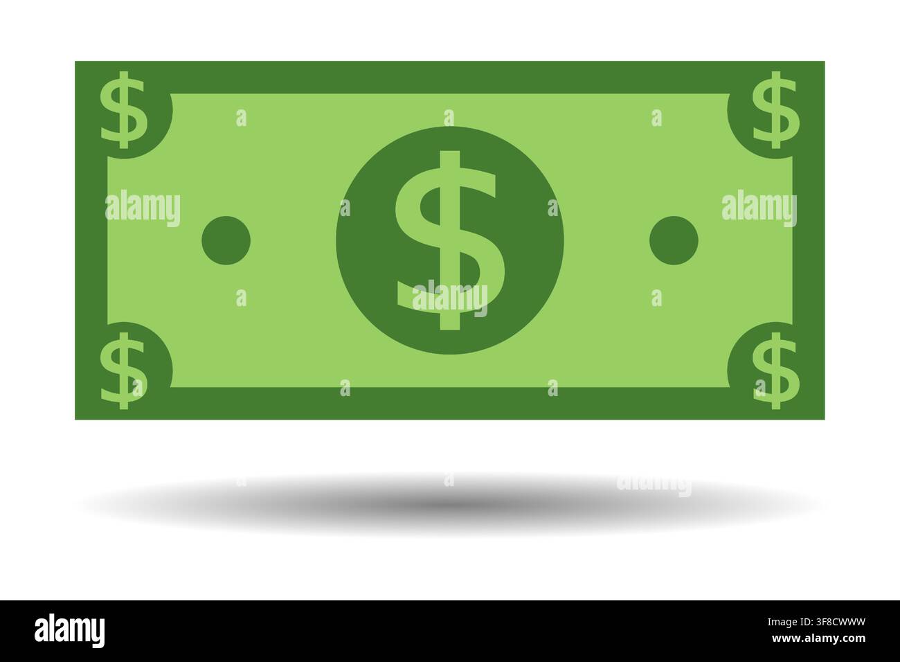 rectangle green dollar banknote icon with shadow on white background. Stock Vector