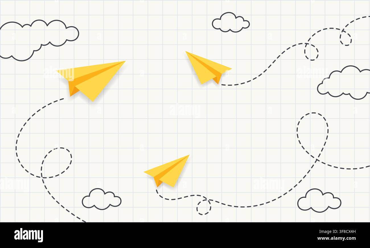 Yellow Paper Airplane Set with Dotted Flight Paths and Hand Drawn Clouds on Light Square Grid Notebook Background, Creative School, Travel and Stock Vector
