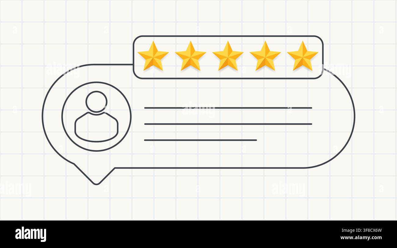 Five Star Customer Review and User Feedback Profile Card on Notebook Grid Background, Online Rating, Service Quality, Reputation, Satisfaction and Stock Vector