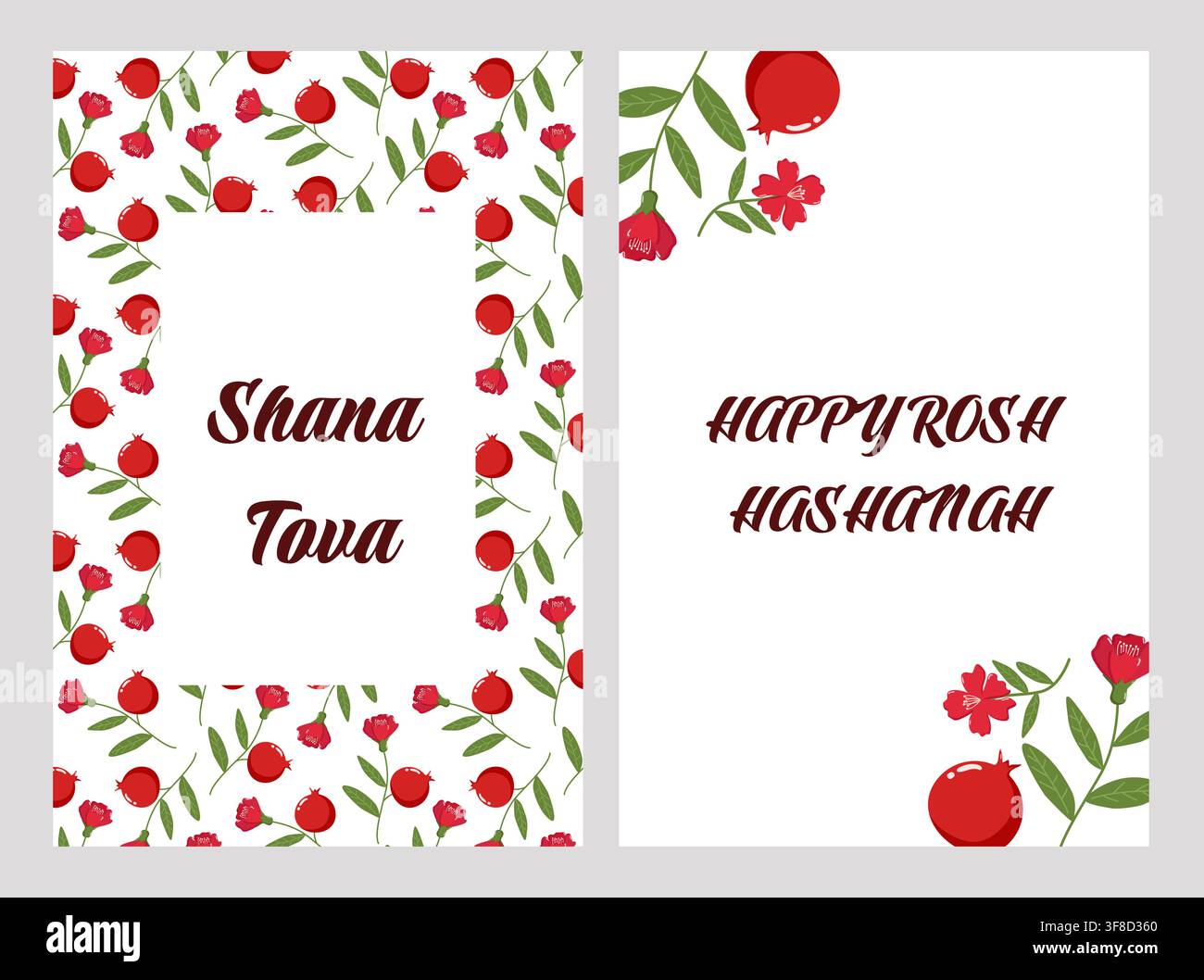 Two Rosh Hashanah greeting cards one with a pomegranate and flowers around Shana Tova, Stock Vector