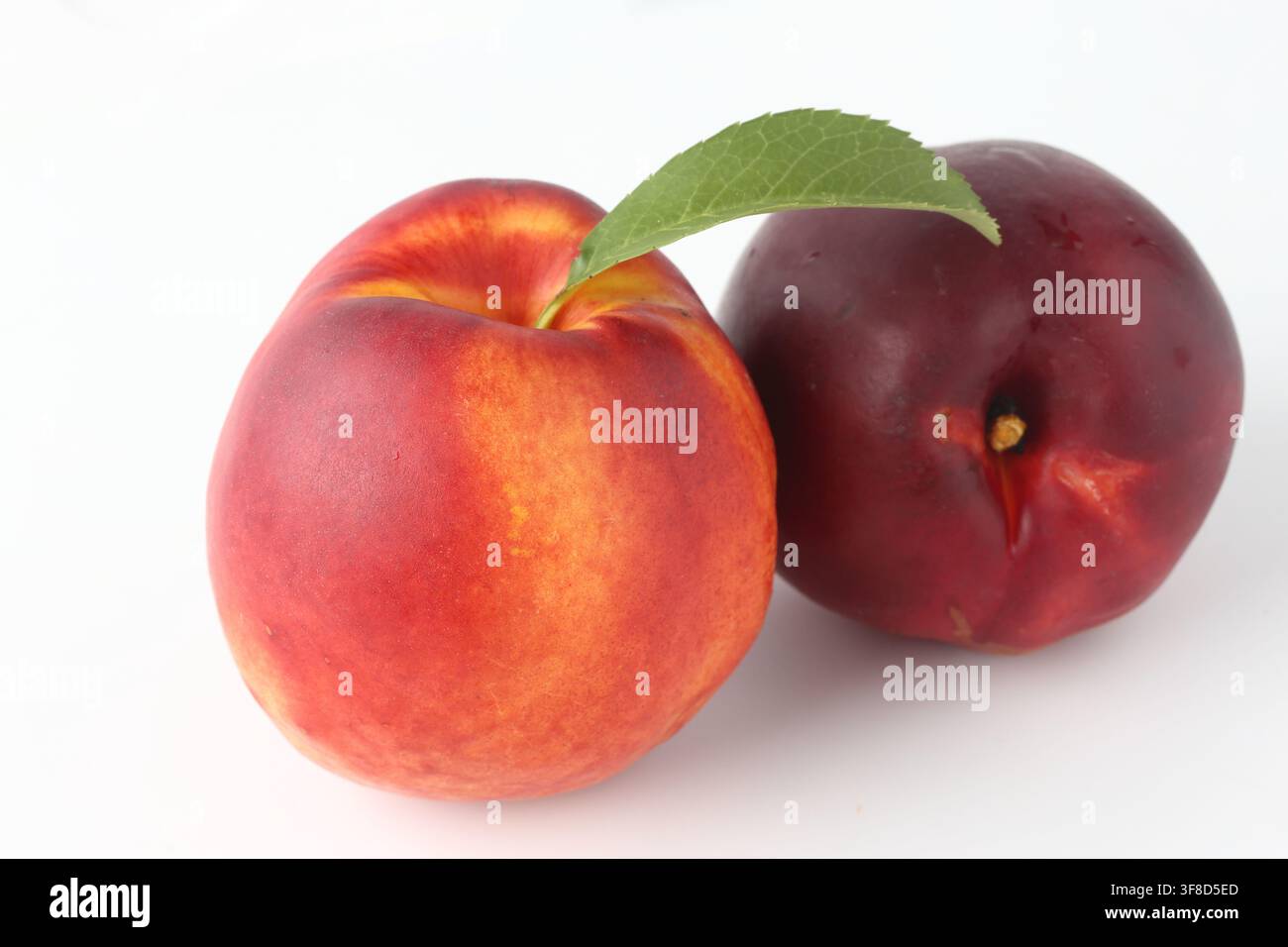 Fresh Nectarines with Green Leaf Isolated on White Stock Photo