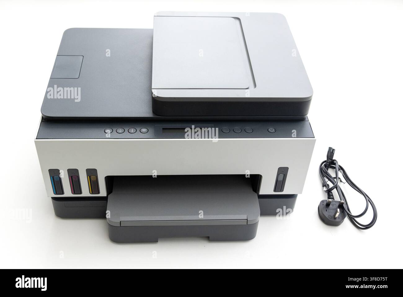 A modern multifunction printer stands on a white background Stock Photo