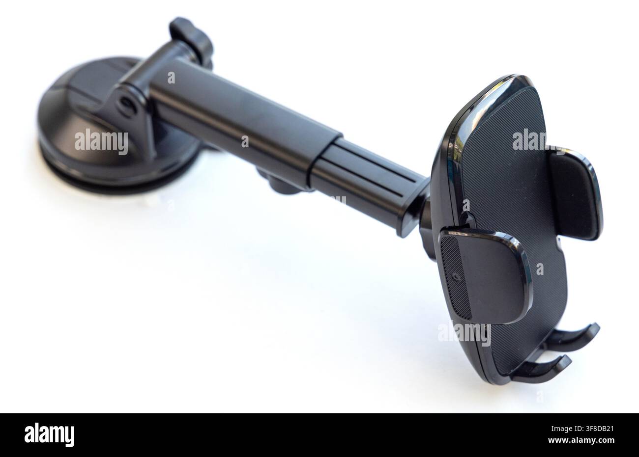 A black adjustable smartphone car mount with a suction cup base Stock Photo