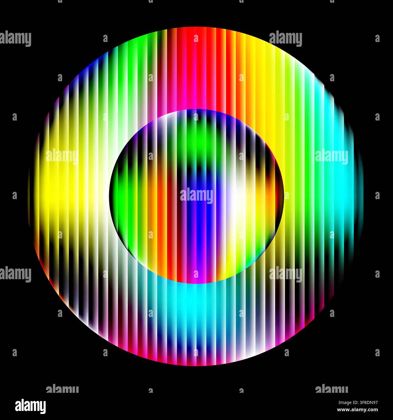 Abstract circular design with vibrant rainbow vertical stripes on a solid black background Stock Vector
