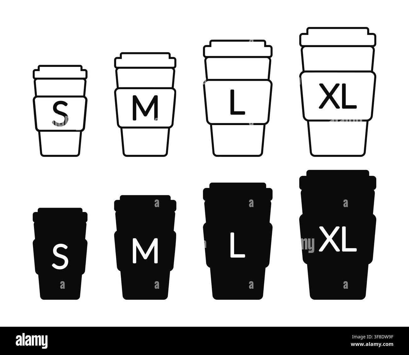 Coffee Cup Sizes Set with Small Medium Large Extra Large Paper Cups Vector Illustration Stock Vector