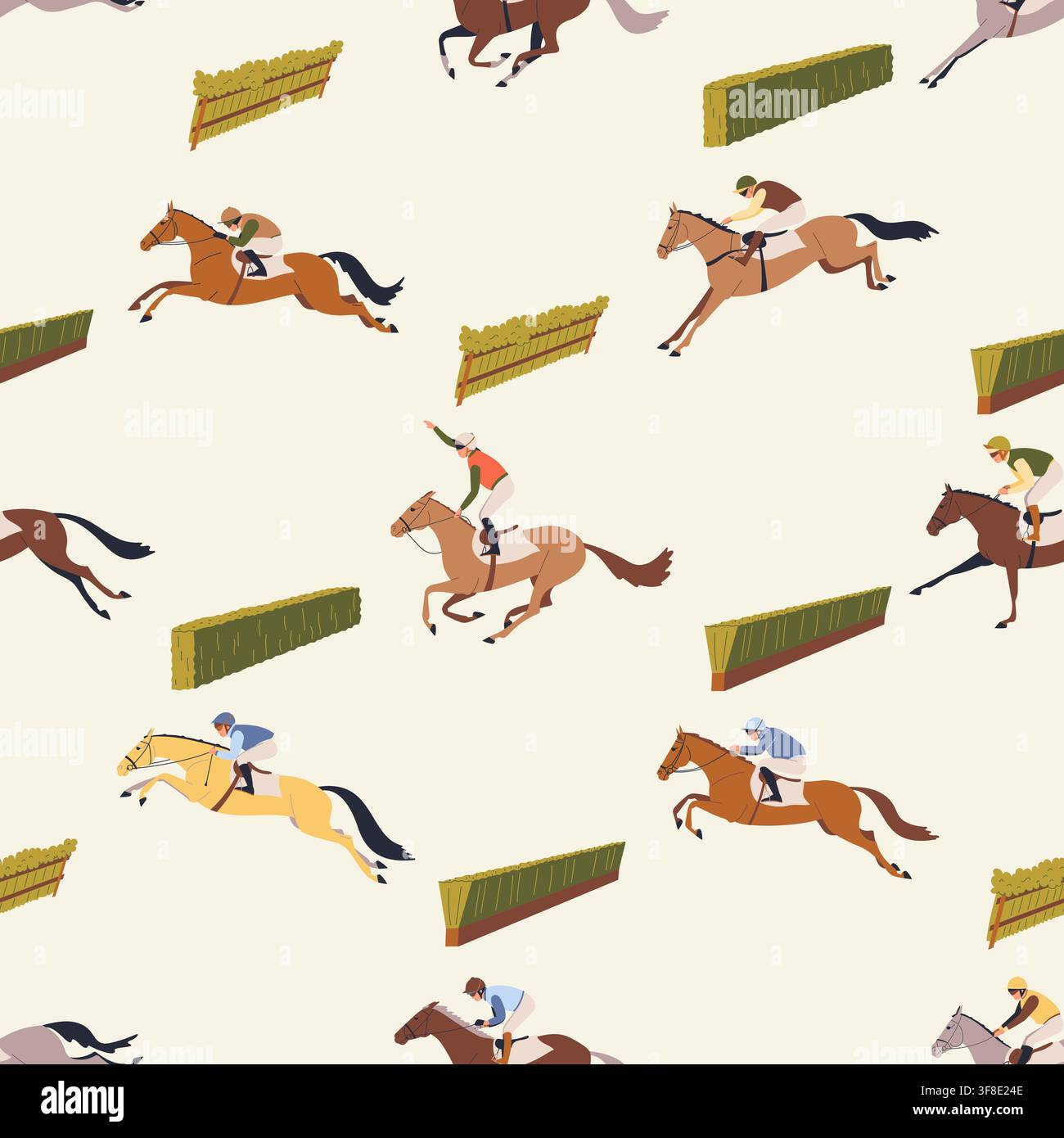 Seamless pattern with jockeys riding racehorses Stock Vector