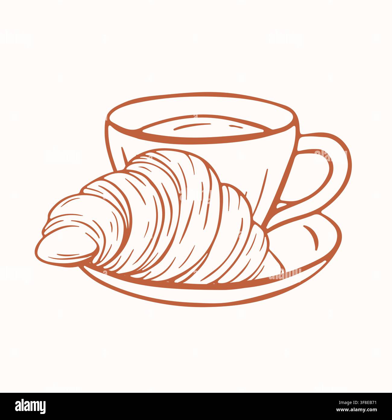 Coffee cup with fresh croissant icon in simple line art style. Breakfast pastry and drink beverage concept. Minimalist element for menu, cafe, bakery Stock Vector