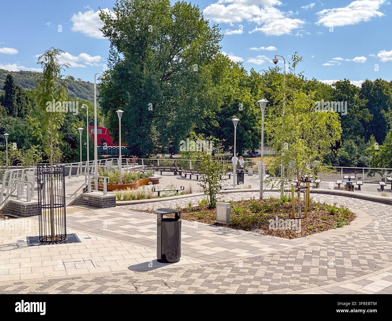 Pontypridd, Rhondda Cynon Taf, Wales, UK - 31 July 2026: Scenic view of the Riverside Plaza garden area in Pontypridd town centre. Stock Photo