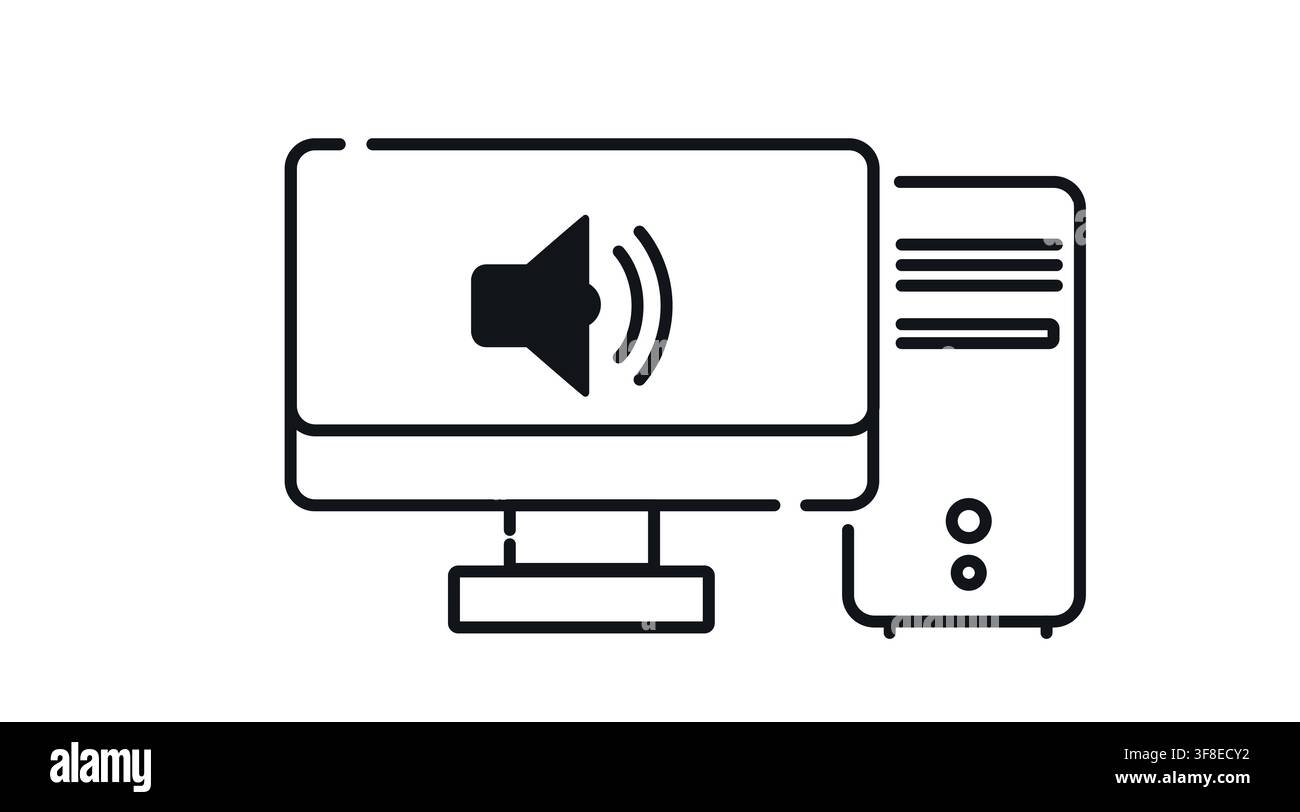 Desktop computer tower and monitor with sound volume symbol on screen vector icon. Stock Vector