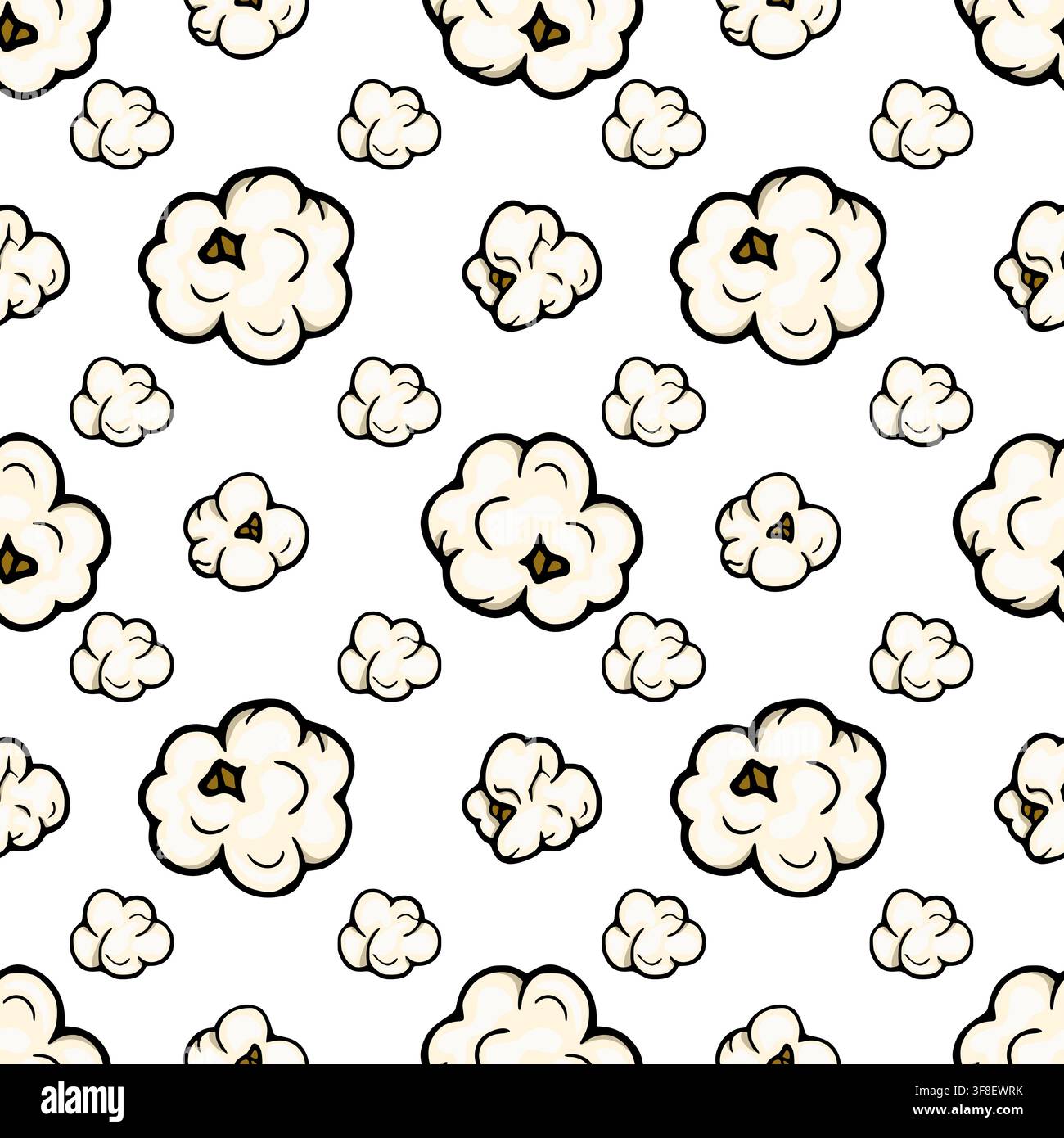 Seamless vector pattern with cartoon popcorn kernels on a white background Stock Vector