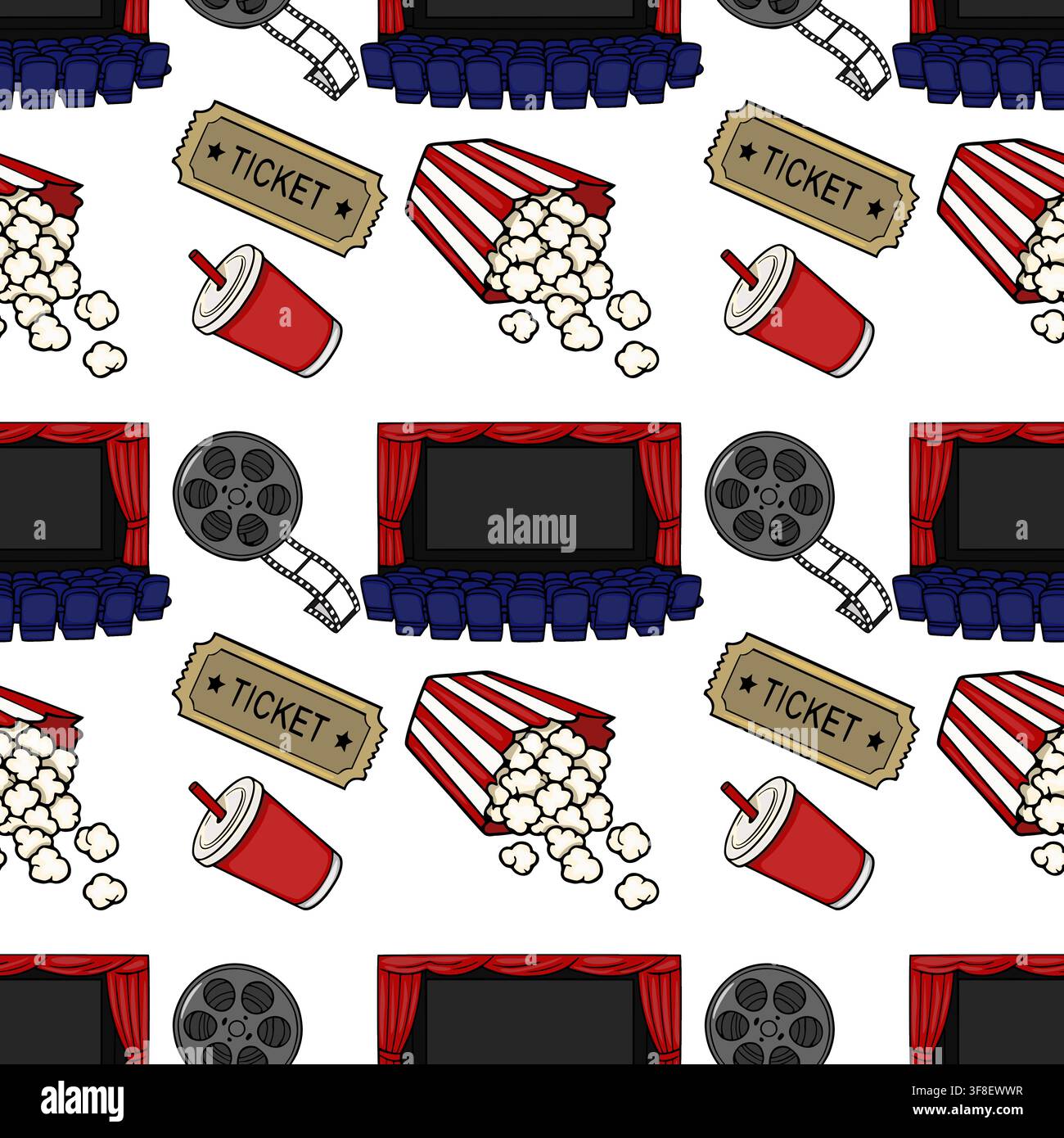 Cinema seamless pattern vector with movie theater elements popcorn and film reels Stock Vector