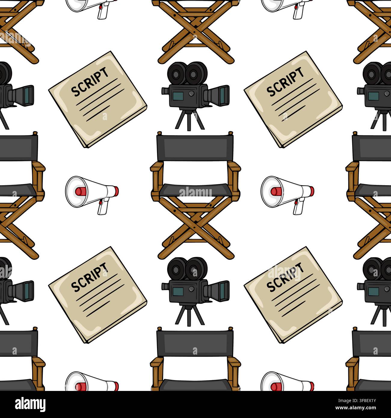 Seamless pattern with cinema vector elements including film camera director chair script and megaphone Stock Vector