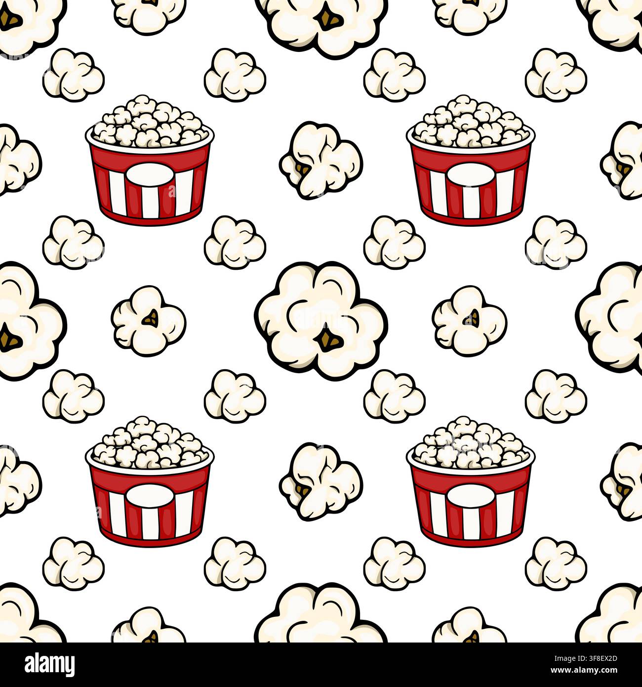 Seamless vector pattern with popcorn buckets and fluffy kernels in a cartoon style Stock Vector