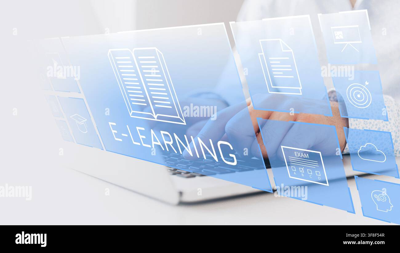 E learning tools and resources used during an online study session with a laptop Stock Photo