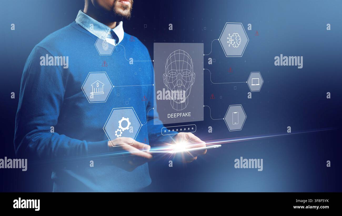 Man interacts with digital interface displaying deep fake concept in a modern setting Stock Photo