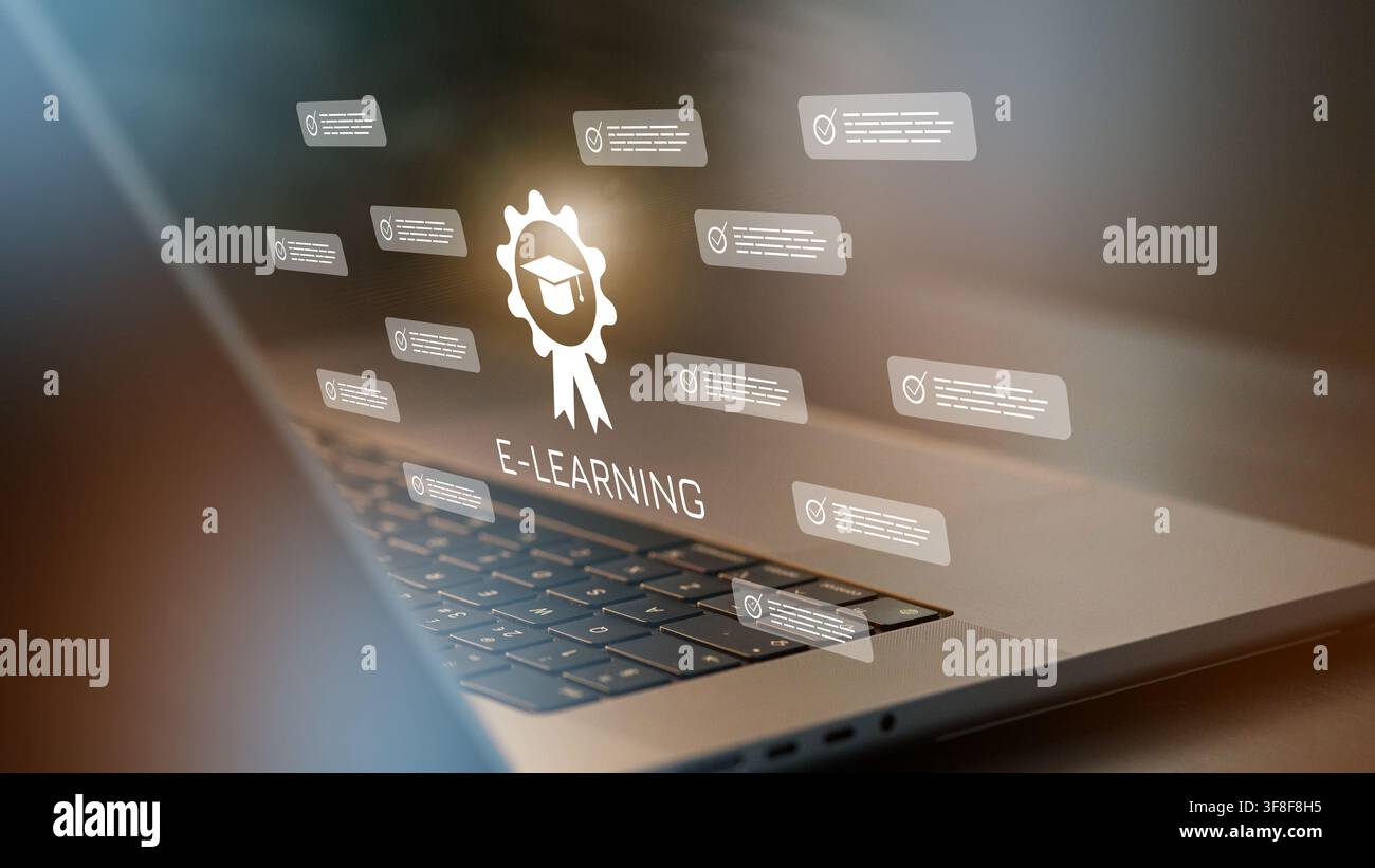E learning concept with laptop and certificates shown on screen Stock Photo