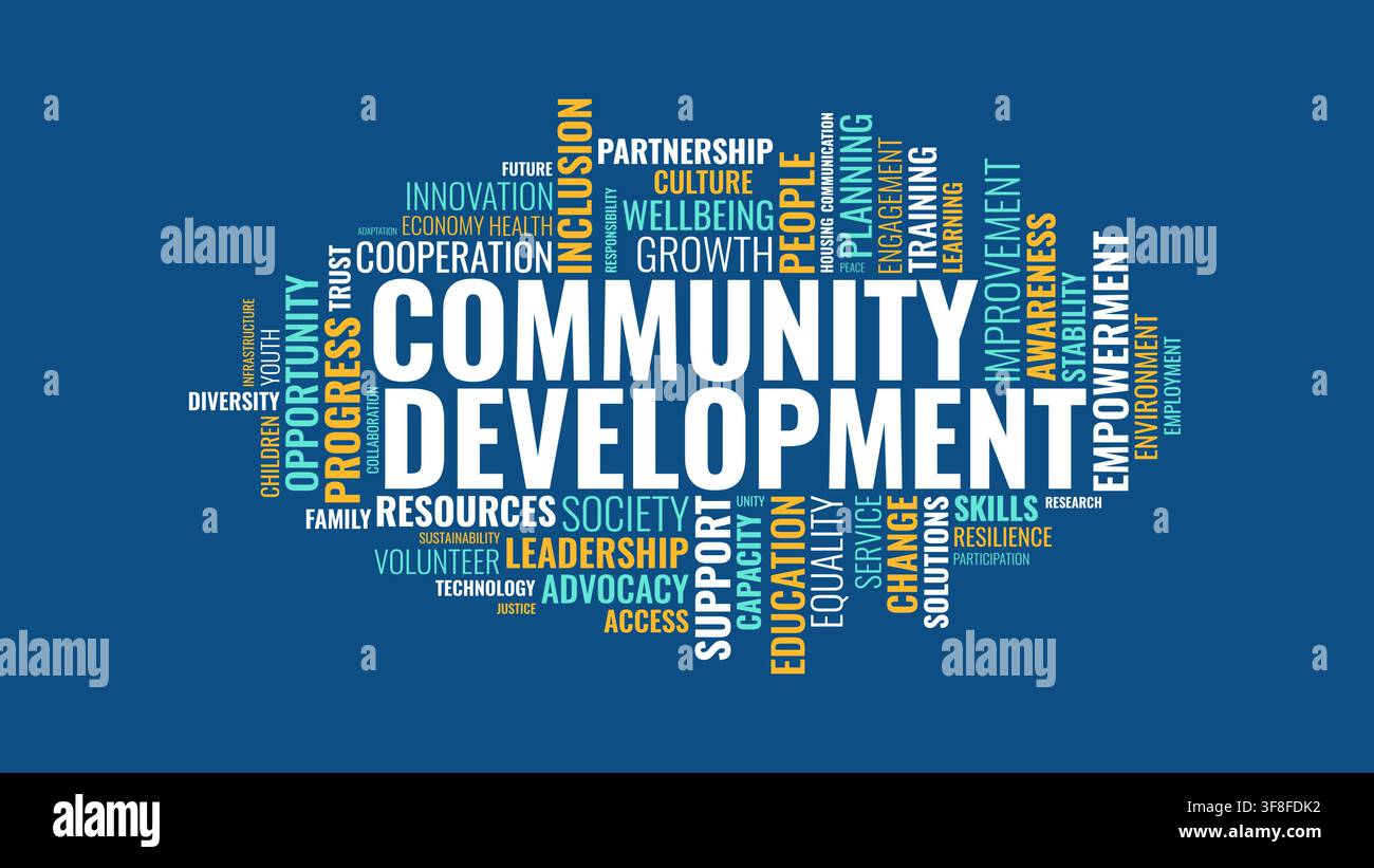 Community Development Word Cloud Vector Design on Blue Background Stock Vector