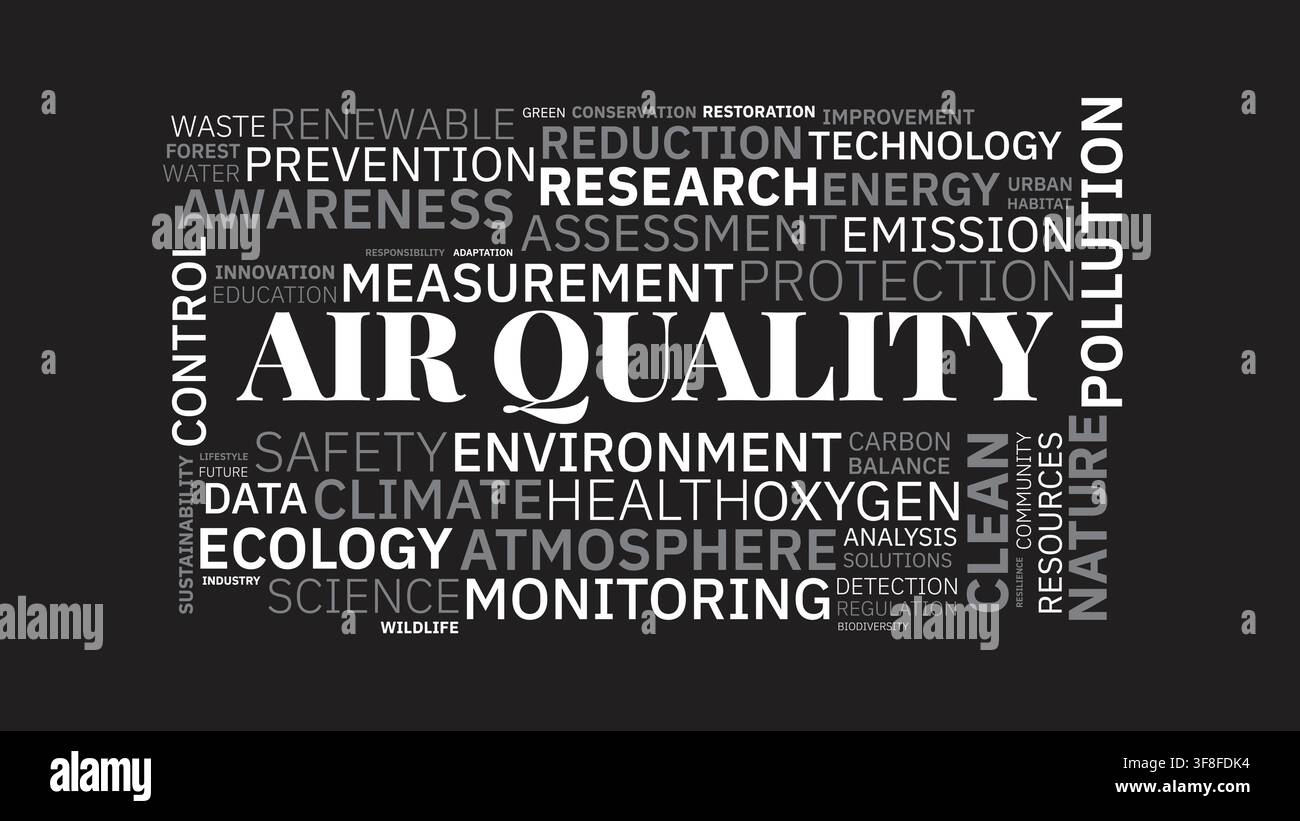 Air quality word cloud typography design with environmental science concepts Stock Vector