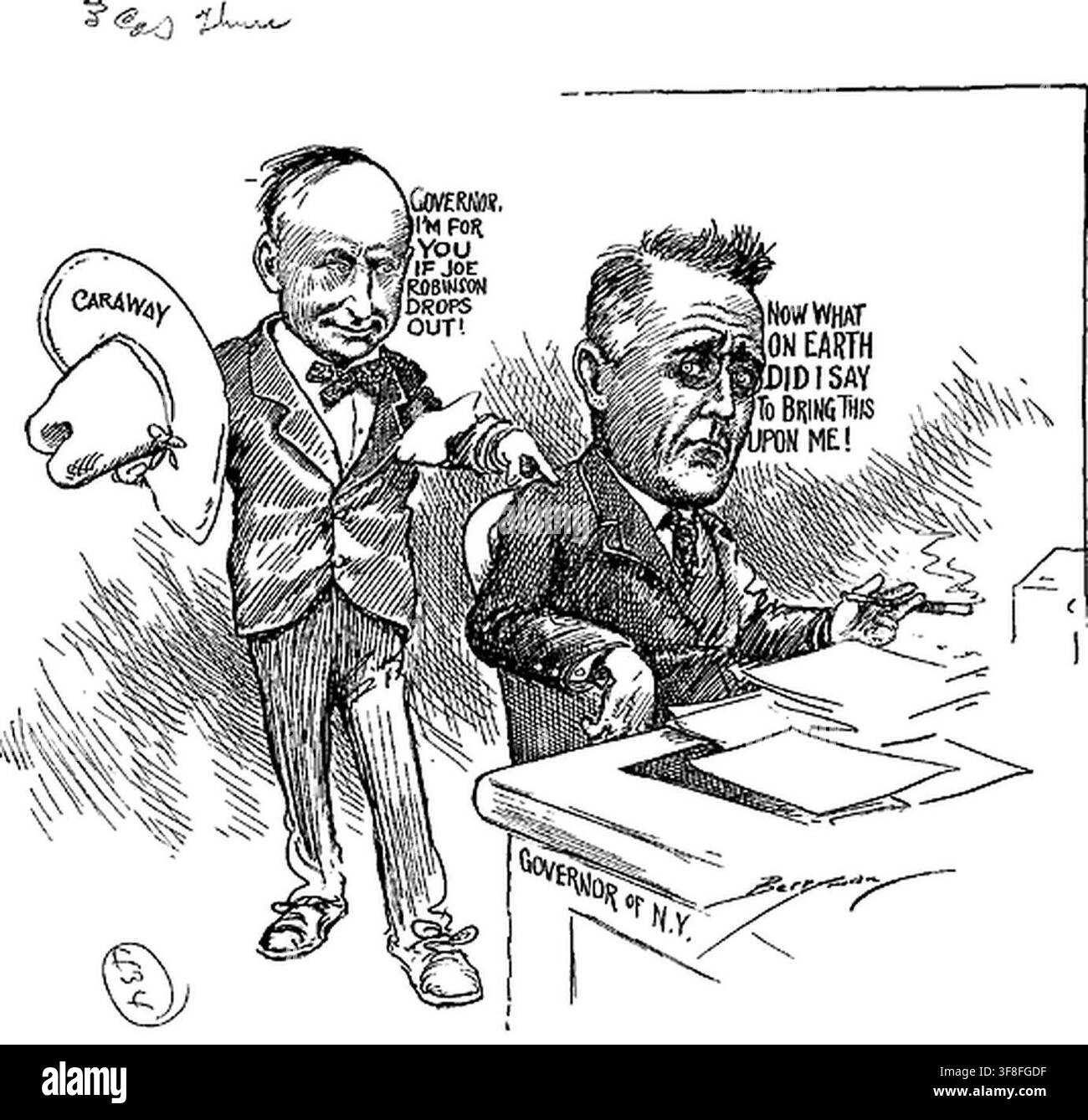 Representative Thaddeus H. Caraway and Franklin D. Roosevelt, Governor of New York, in a 1931 cartoon by Clifford Berryman, an American political cartoonist. Stock Photo
