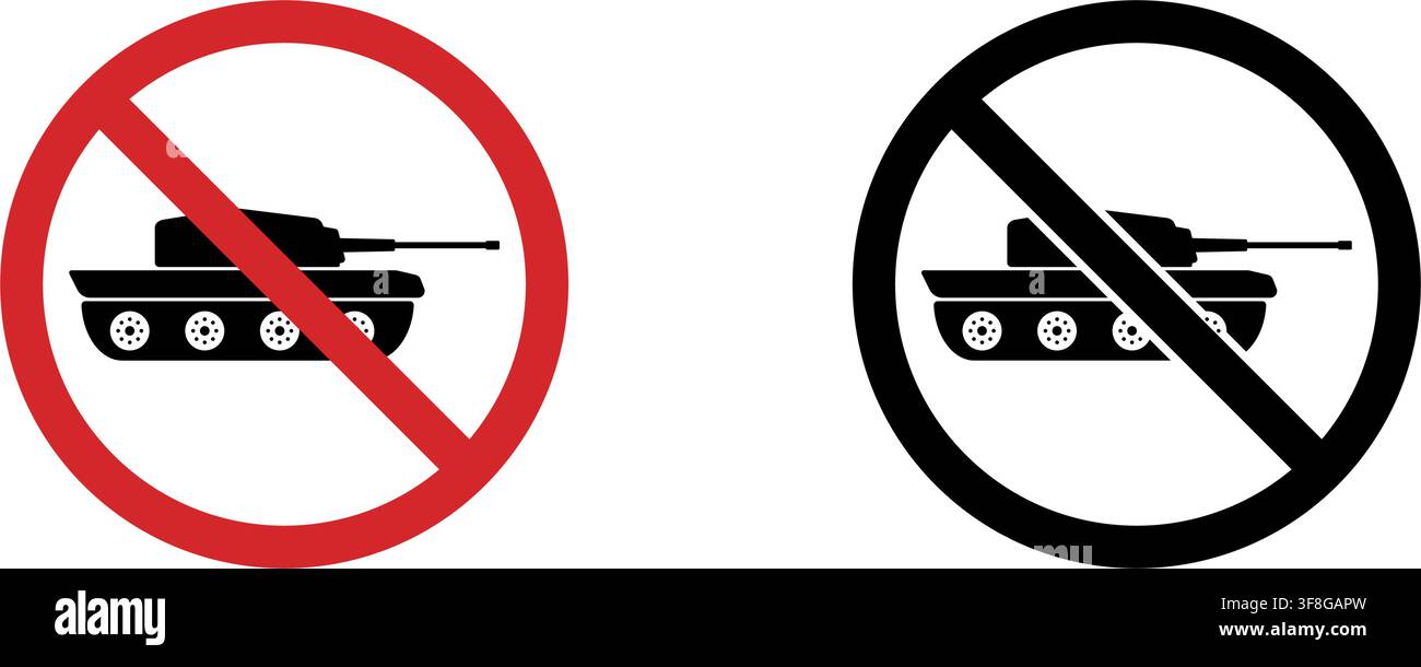 No Tanks Prohibition Sign Icon Set. Forbidden Military Vehicle Warning And Restriction Symbol Collection. Stop And Ban Notice. Isolated Vector Stock Vector