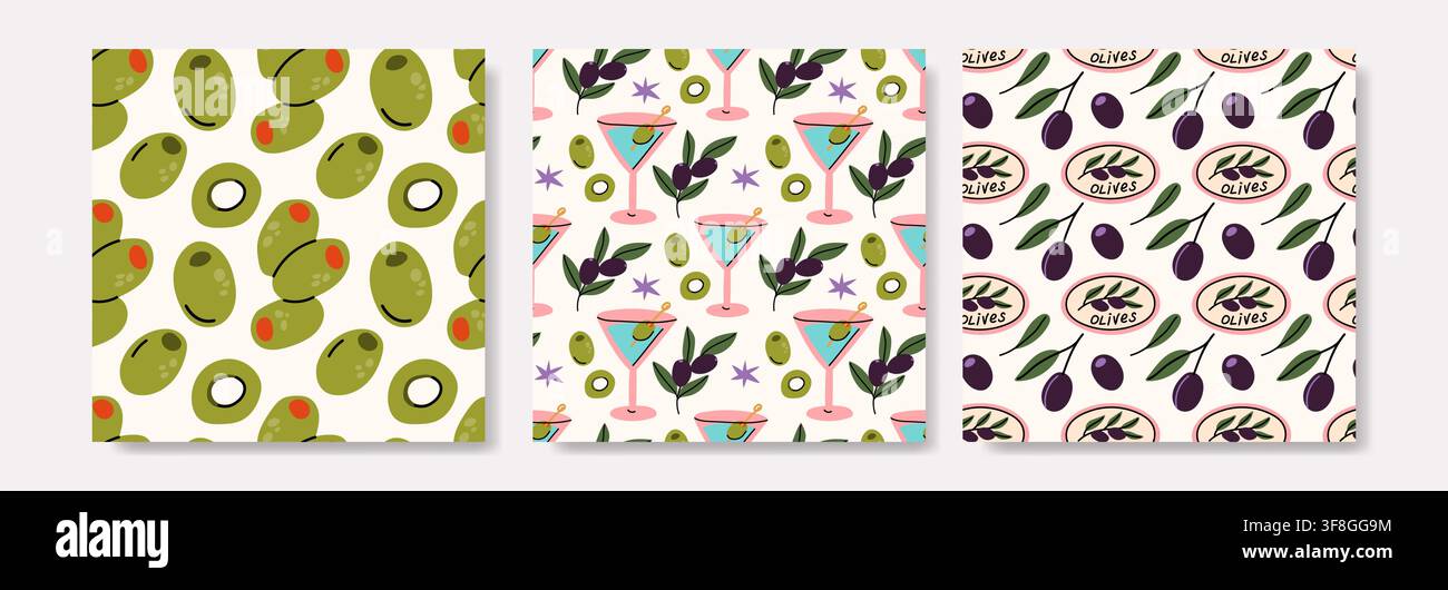 Green Olives and Martini Seamless Pattern Collection Stock Vector