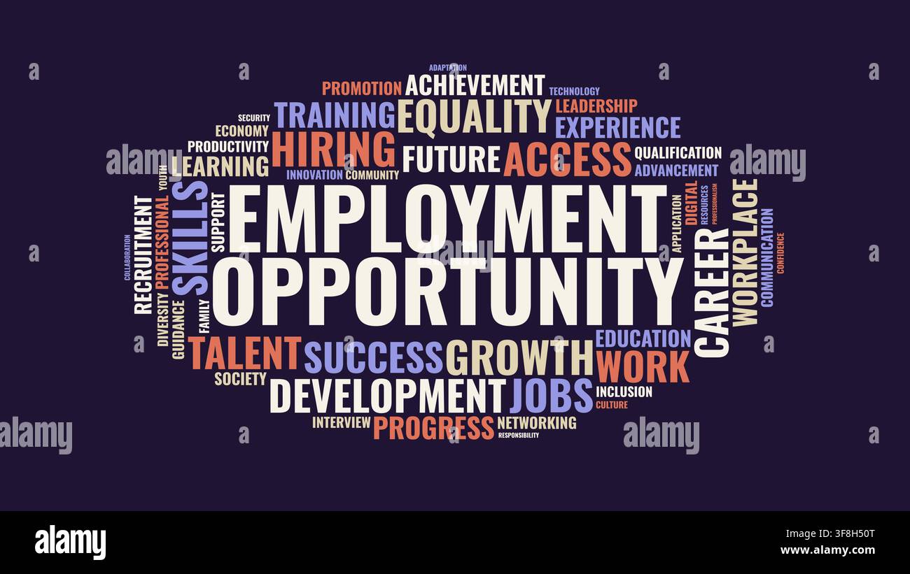 A typographic word cloud graphic featuring career, hiring, and employment opportunity concepts on a dark background. Stock Vector