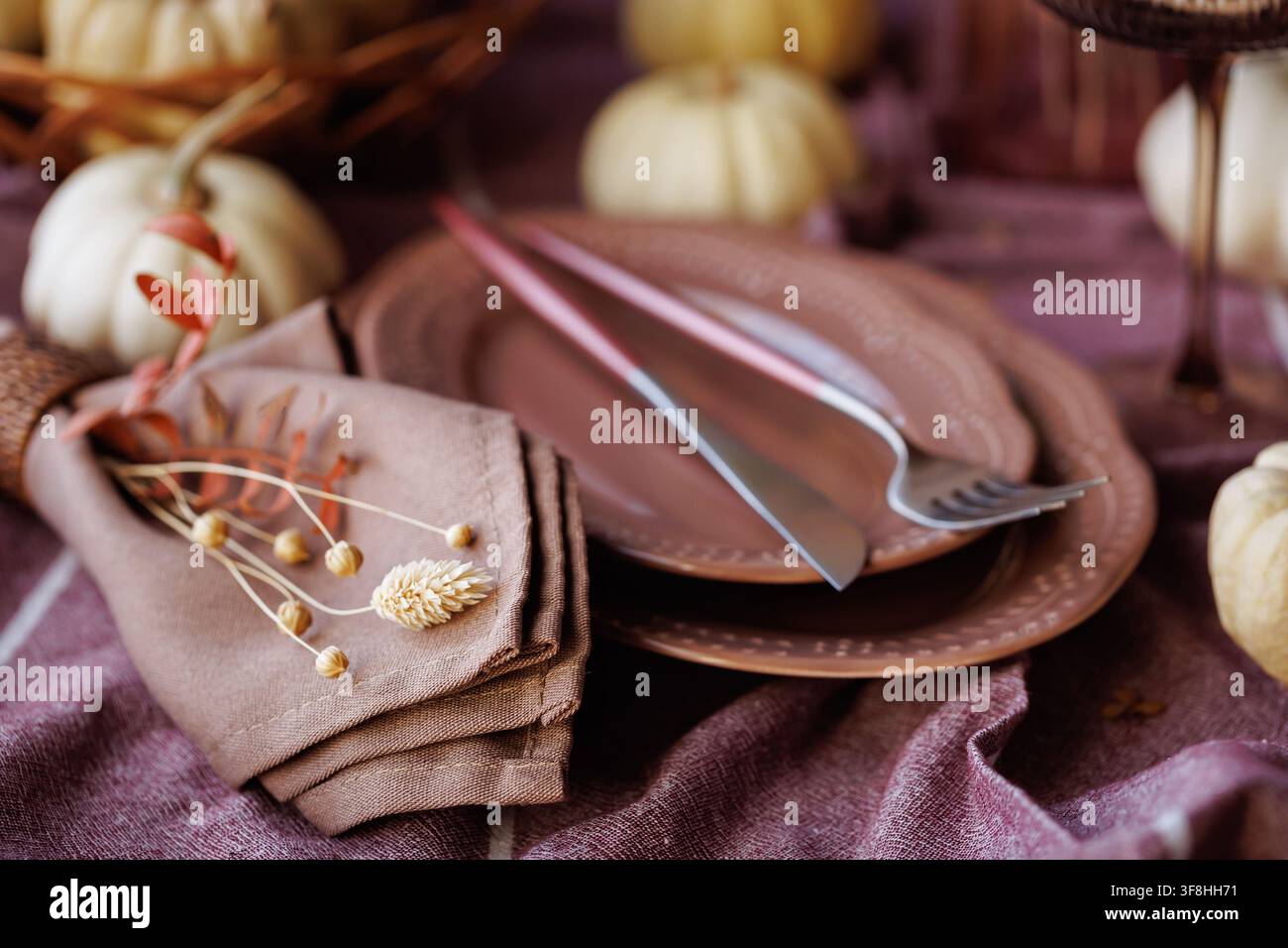 Elegant fall dining setup with rustic tableware and pumpkins Stock Photo